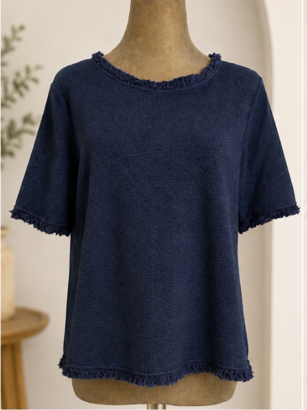 Green Envelope Frayed-Trim Short Sleeve Knit Top - Light Blue